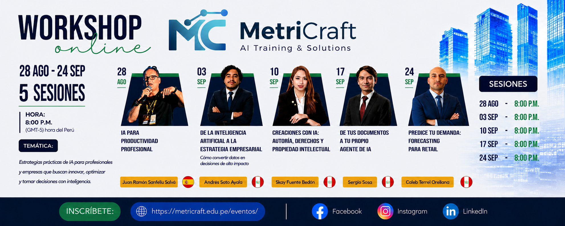 Workshops y webinars online de IA: 28 ago al 24 sep, 4 sesiones a las 8:00 p.m. hora Perú. Inscríbete en eventos Metricraft.